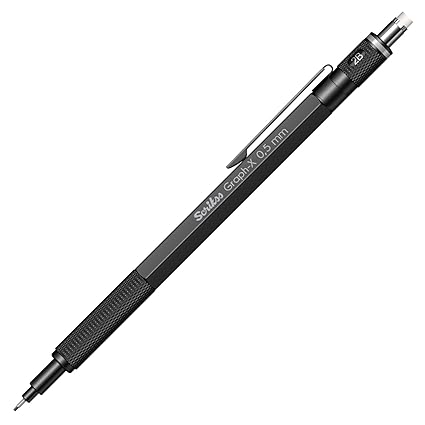 Scrikss Graph-X 0.5mm Mechanical Pencil with 2B Lead (1 Tube of 24 Leads), Brass Body with Matte Black Finish, Interchangeable Mini Eraser - 71288