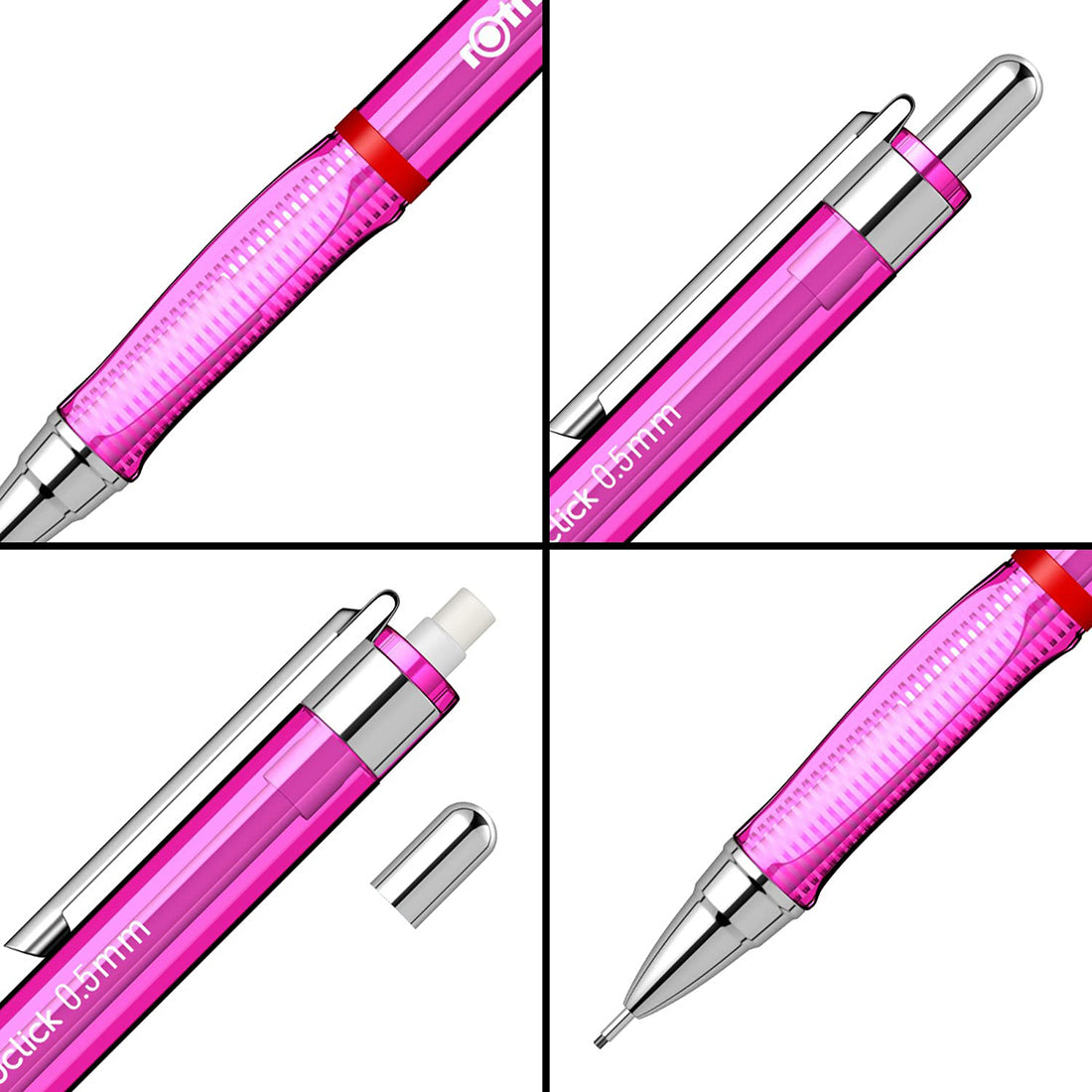 Rotring 0.5mm Mechanical Clutch lead Pen Pencil Set Pack of 2 Pink Transparent ABS Body Light Weight Click Mechanism Visuclick Series Triangular Ergonomic Grip