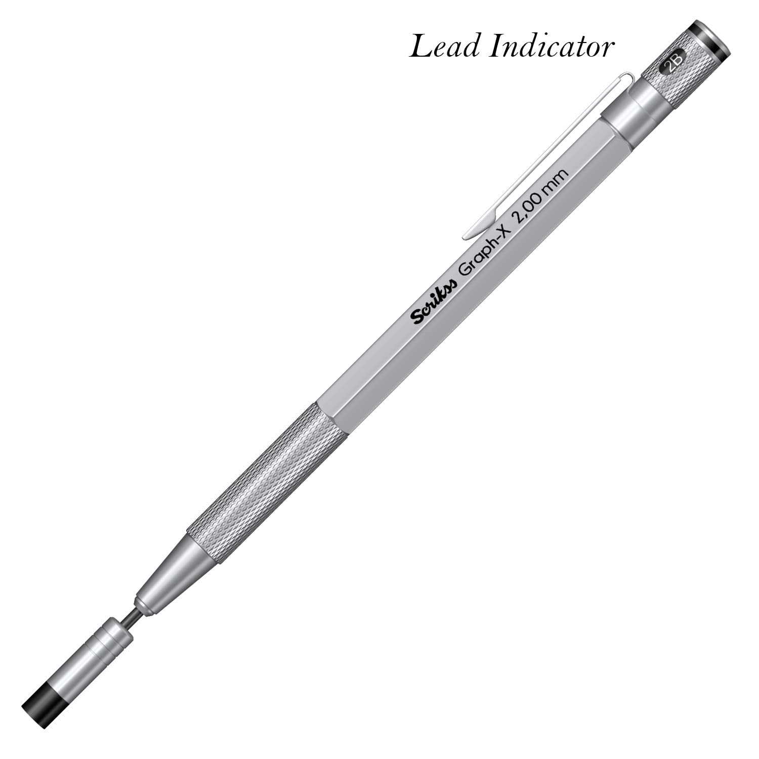 Scrikss 2.0mm Mechanical Clutch Lead Pen Pencil Satin Chrome Body Graph-X Series Mini Removable Sharpener Includes 12 Leads 2B