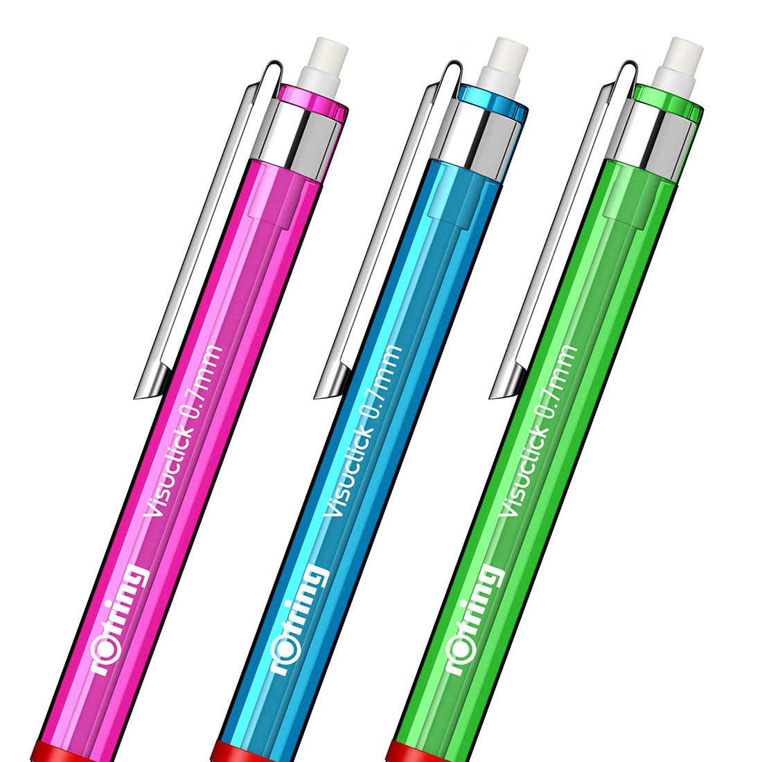 Rotring Visuclick 0.7mm Mechanical Pencils, 2B Lead, Pink, Blue & Green Translucent Barrel, with Attached Eraser - Total 3 Piece
