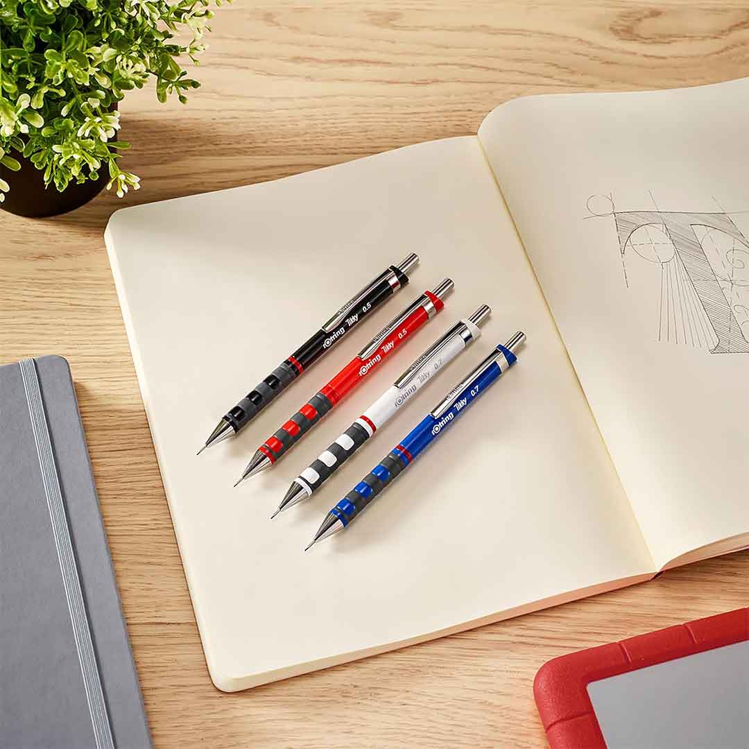 Rotring | Tikky | Mechanical Pencil, Ballpoint, Eraser & Lead Refills Set | HB Lead, 0.5 mm Pencil | Medium Point Pen | Black Barrel | Lightweight with Rubberised Grip