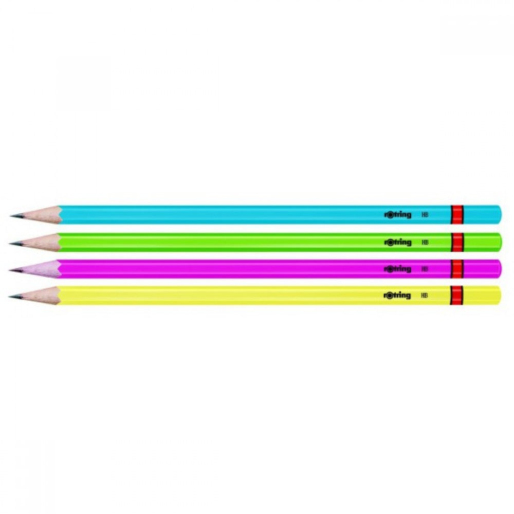 Rotring | Woodcase | HB Graphite Pencil | Neon Assorted Colours | Blister Pack of 4 Wooden Pencils