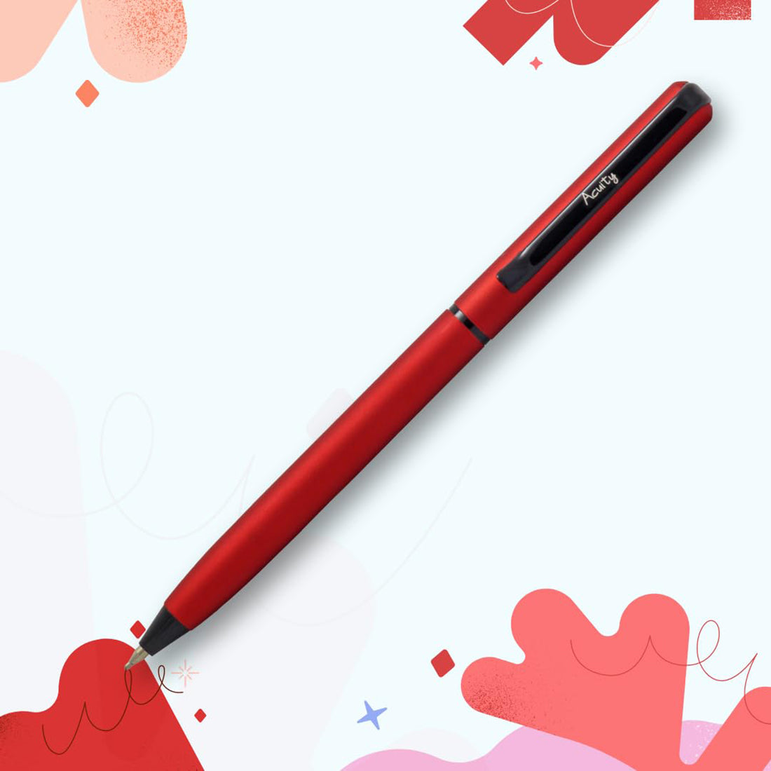 Acuity Ball Point Pens with Red & Silver Finish Metal Body & Black Clip - Set of 2 Pens - It Comes in a Pen Pouch - Ink Colour Blue - 50014