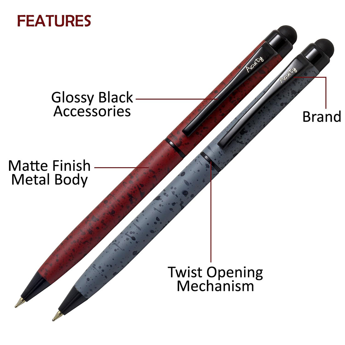 Acuity Ball Point Pen - Metal Body with Matte Finish, and Glossy Black Accessories - It Comes in a Pouch - (Set of 2 Pens) - 50016