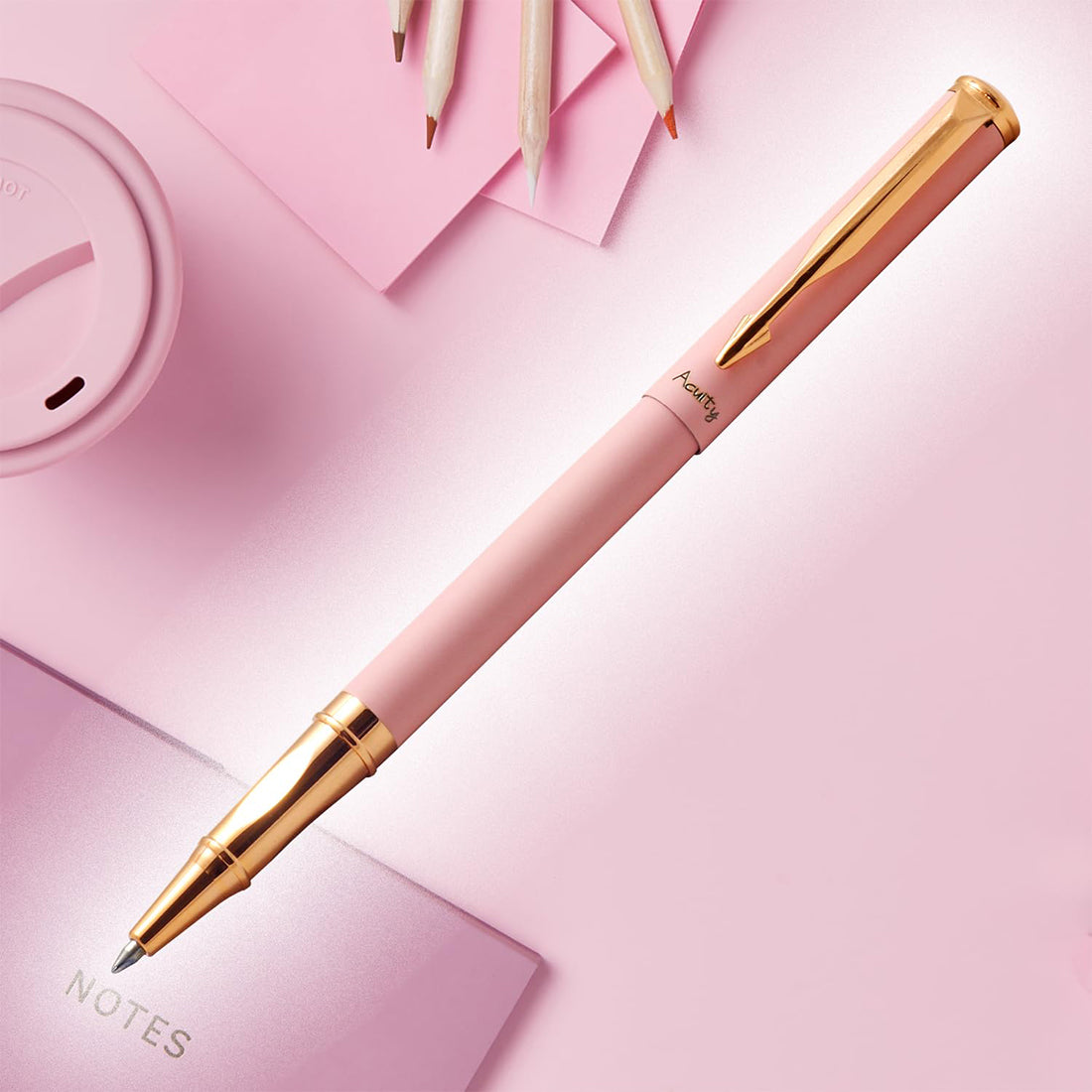 Acuity Roller Gell Pen - Metal Body with Matte Pastel Pink Finish and Glossy Rose Gold Accessories - It Comes in a Pouch - 50018 Pink