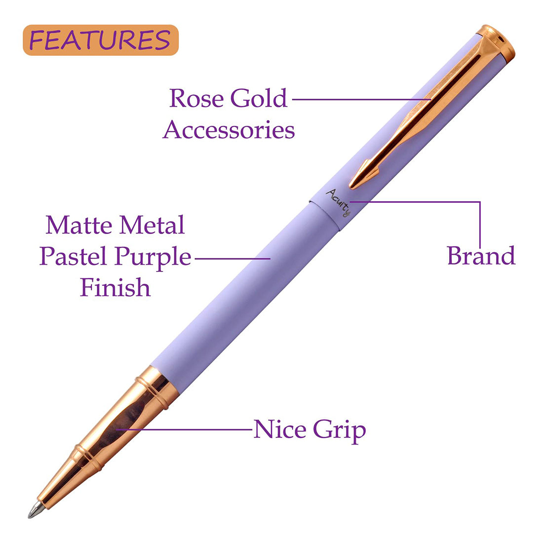 Acuity Roller Gell Pen - Metal Body with Matte Pastel Purple Finish and Glossy Rose Gold Accessories - It Comes in a Pouch - 50018 Purple