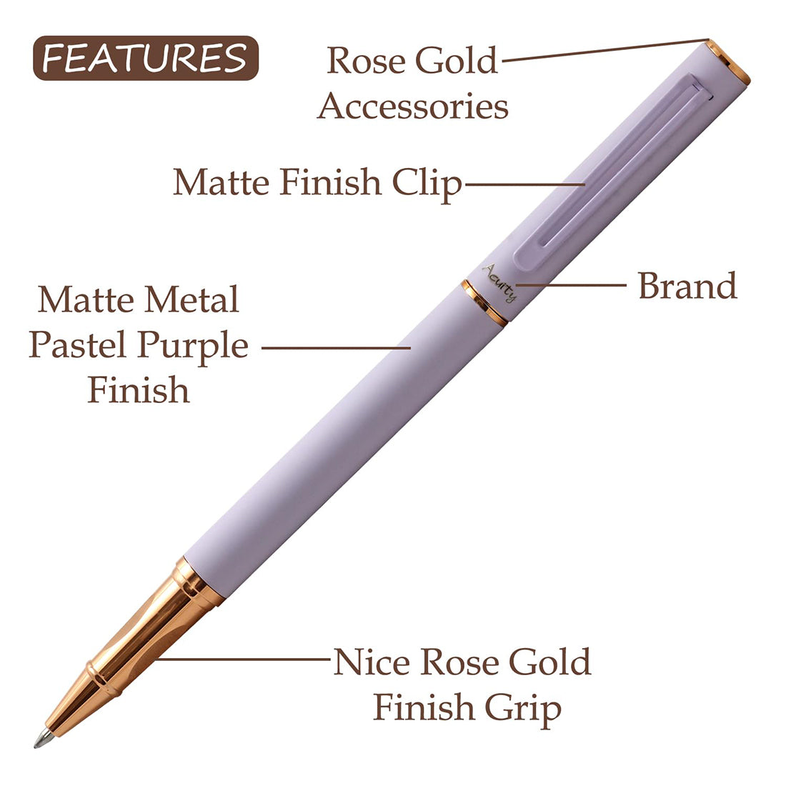 Acuity Roller Gel Pen - Matte Finish Pastel Purple Metal Body with Rose Gold Accessories - It Comes in a Pouch - 50025