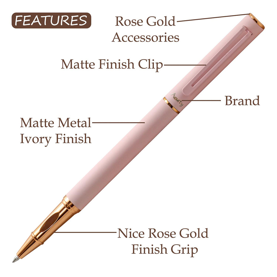 Acuity Roller Gel Pen - Matte Finish Pastel Pink Metal Body with Rose Gold Accessories - It Comes in a Pouch - 50025