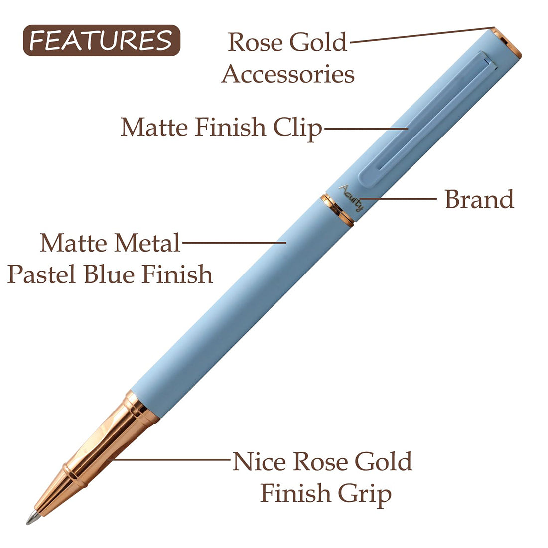 Acuity Roller Gel Pen - Matte Finish Pastel Blue Metal Body with Rose Gold Accessories - It Comes in a Pouch - 50025