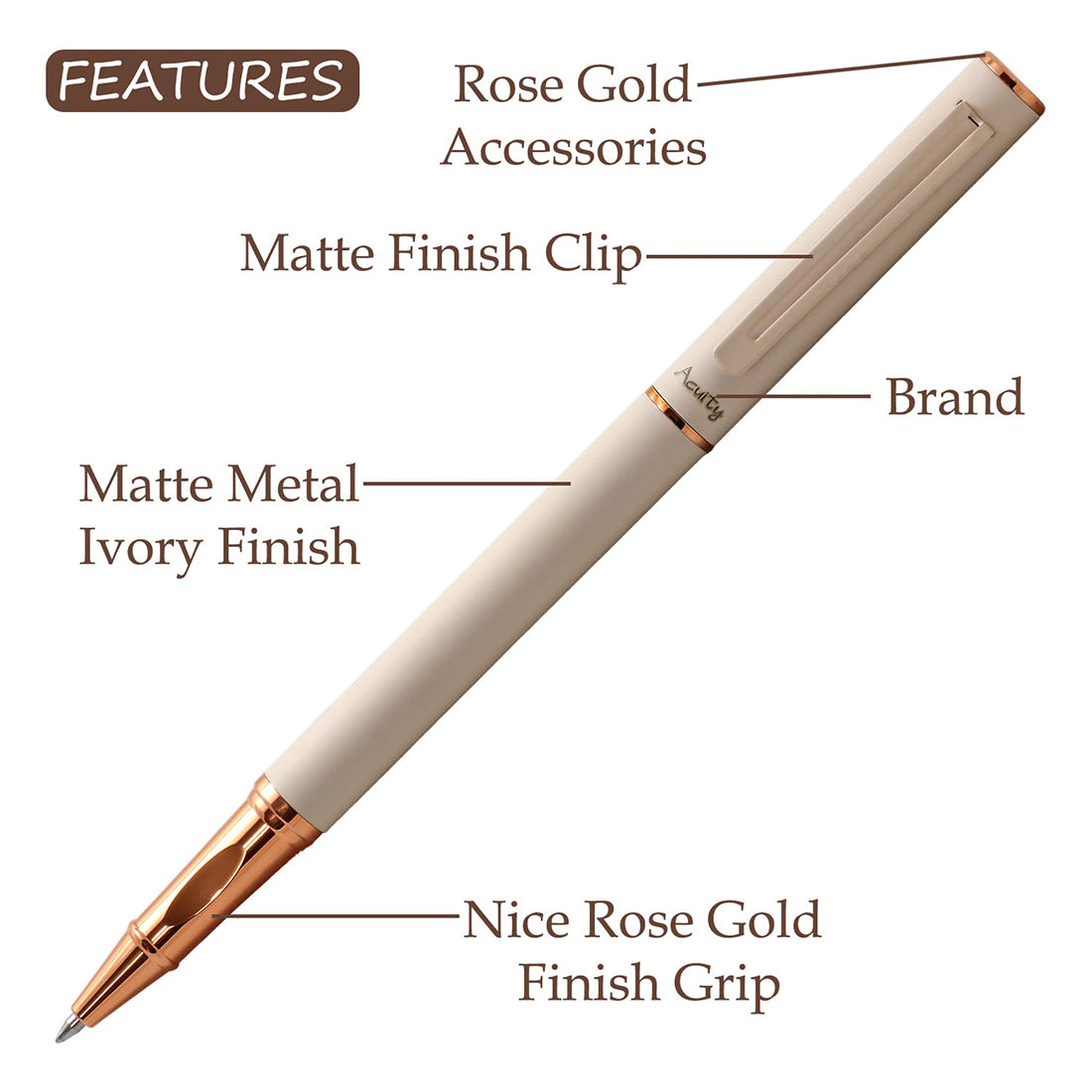 Acuity Roller Gel Pen - Matte Finish Ivory Colour Metal Body with Rose Gold Accessories - It Comes in a Pouch - 50025