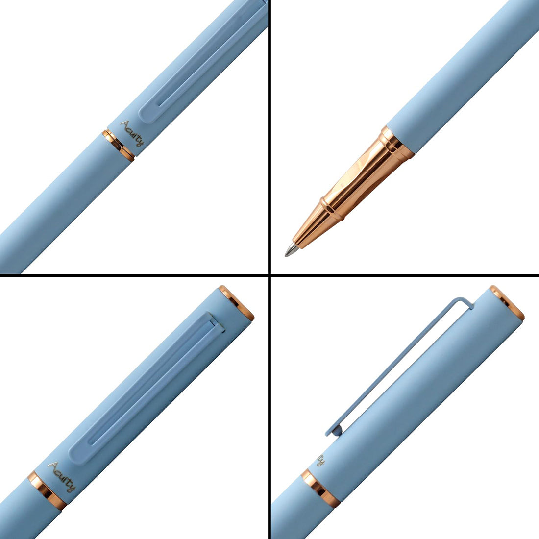 Acuity Roller Gel Pen - Matte Finish Pastel Blue Metal Body with Rose Gold Accessories - It Comes in a Pouch - 50025