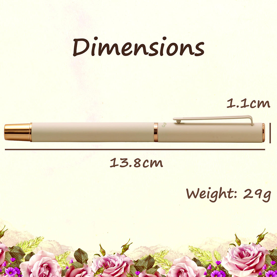 Acuity Roller Gel Pen - Matte Finish Ivory Colour Metal Body with Rose Gold Accessories - It Comes in a Pouch - 50025