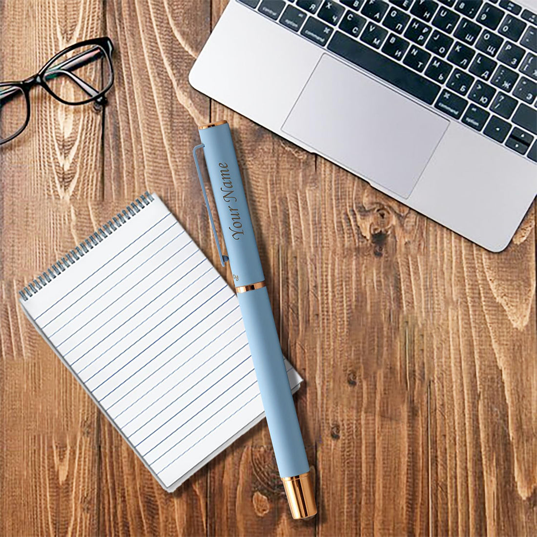 Acuity Roller Gel Pen - Matte Finish Pastel Blue Metal Body with Rose Gold Accessories - It Comes in a Pouch - 50025