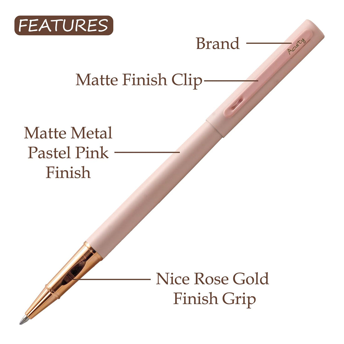 Acuity Roller Gel Pen - Matte Finish Pastel Pink Metal Body with Rose Gold Grip - It Comes in a Pouch - 50029