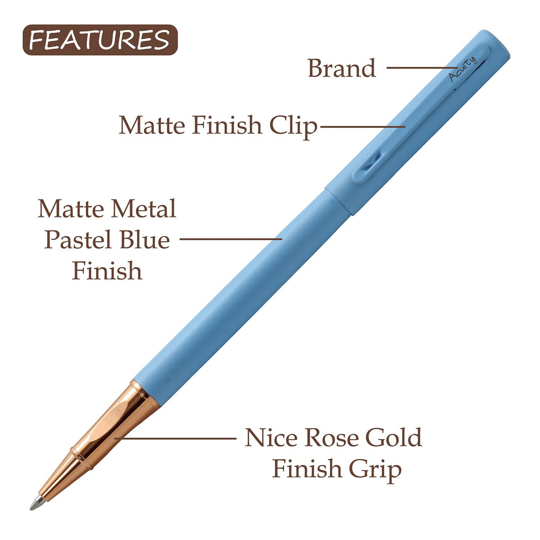 Acuity Roller Gel Pen - Matte Finish Blue Metal Body with Rose Gold Grip - It Comes in a Pouch - 50029