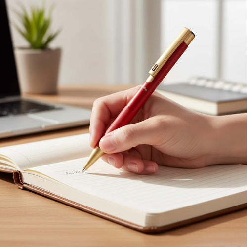 Acuity Ball Point Pen | Red Shimmer Metal Body & Golden Clip - Blue Ink - It Comes in a Pouch - 50032