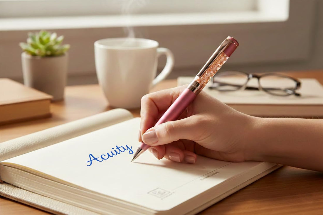 Acuity Ball Point Pen - Metal Body with Matte Red Finish, Shimmering Flakes Infused Barrel and Rose Gold Accessories - It Comes in a Pouch - 50034
