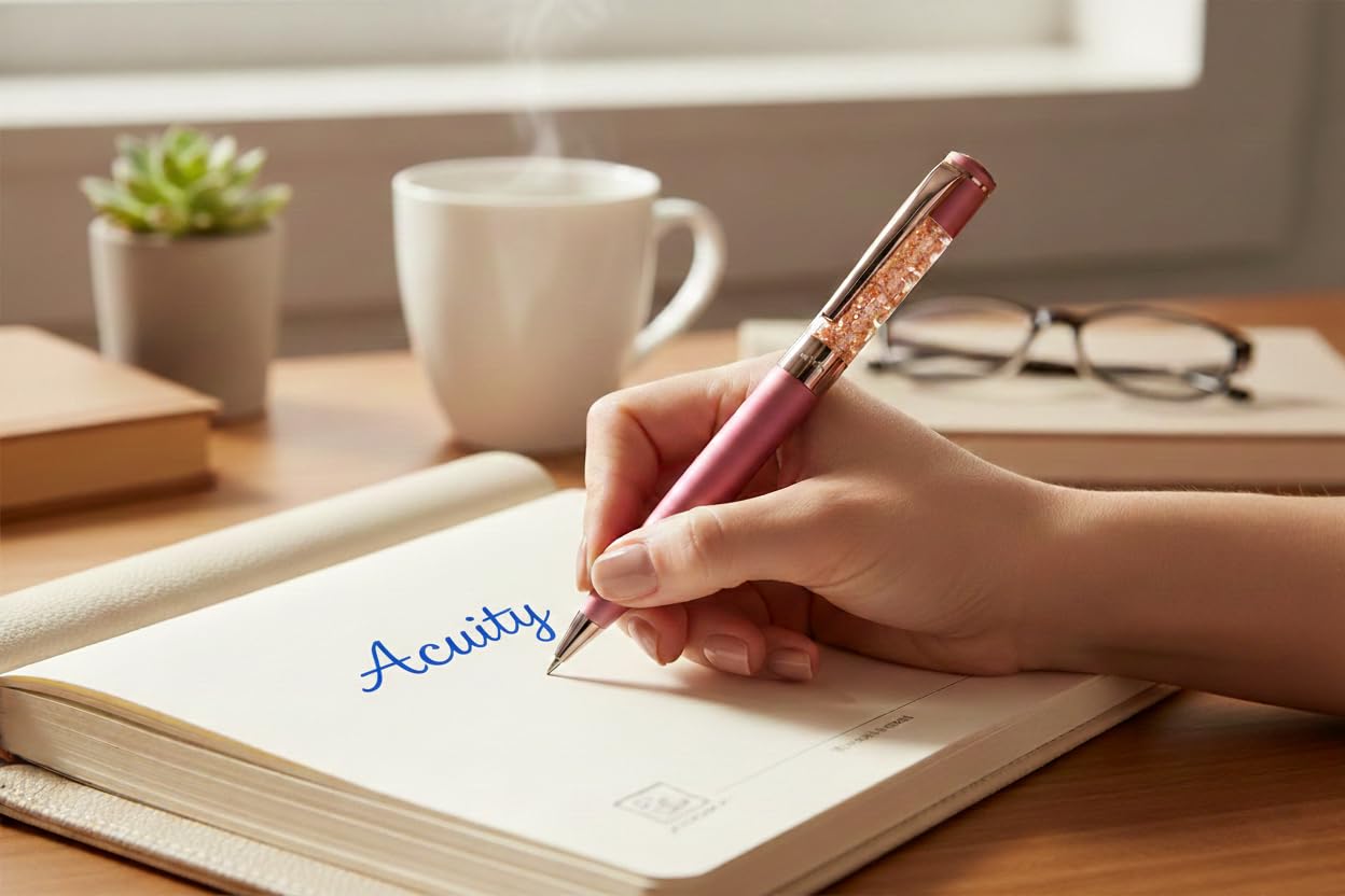 Acuity Ball Point Pen - Metal Body with Matte Red Finish, Shimmering Flakes Infused Barrel and Rose Gold Accessories - It Comes in a Pouch - 50034