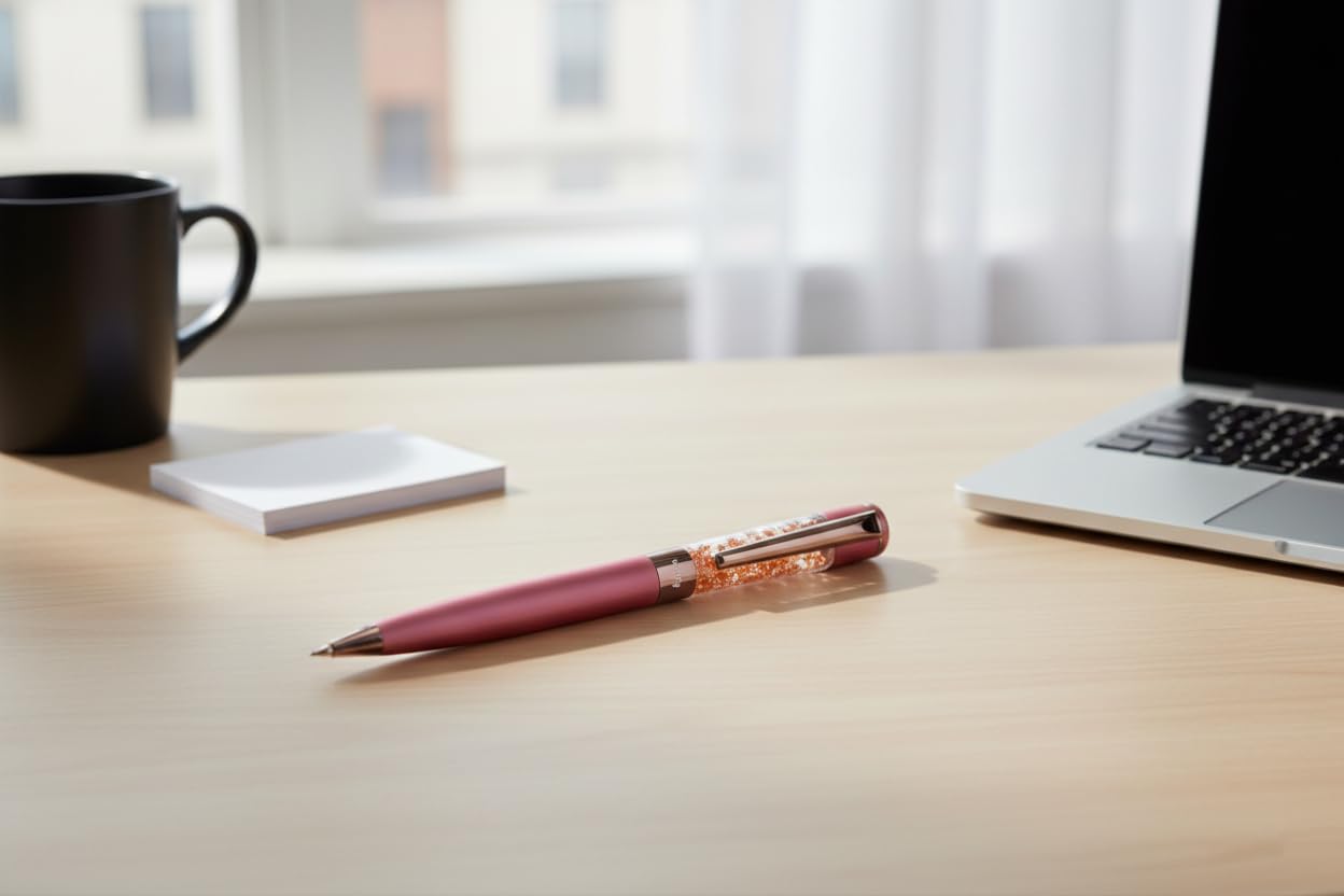 Acuity Ball Point Pen - Metal Body with Matte Red Finish, Shimmering Flakes Infused Barrel and Rose Gold Accessories - It Comes in a Pouch - 50034