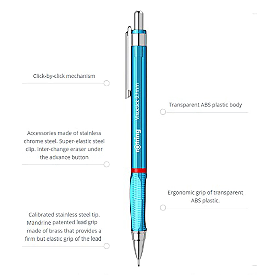 Rotring Visuclick 0.7mm Mechanical Pencils, 2B Lead, Pink, Blue & Green Translucent Barrel, with Attached Eraser - Total 3 Piece