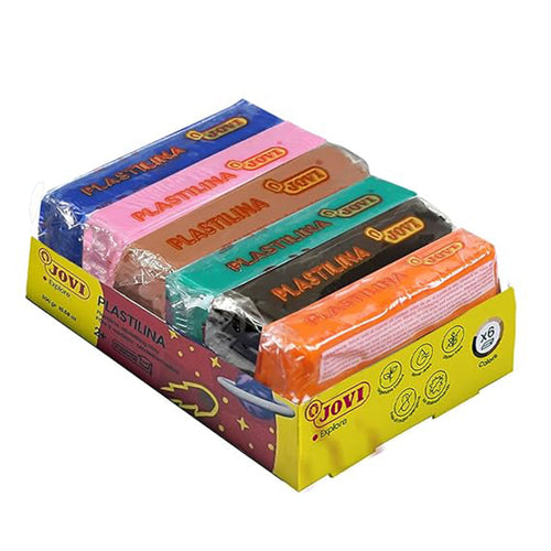 Jovi Plastilina Orange Pink Flesh Light Green Dark Blue Black Non-Drying Non-Toxic Modelling Clay for Art & Craft Pack of 6 Bars 50gms Each Fine Motor Skills Moulding Pottery Sculpting with Dough