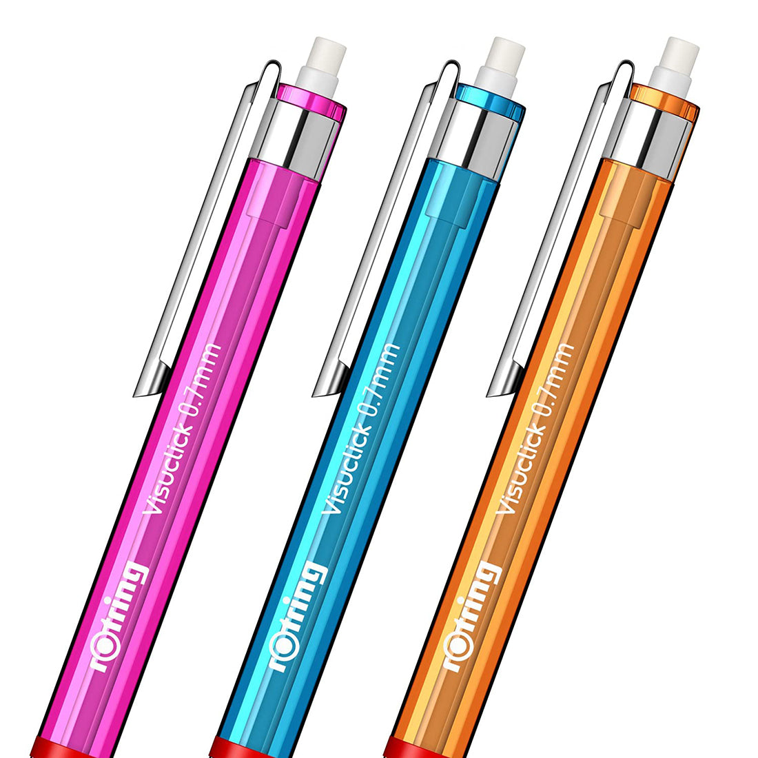 Rotring Visuclick 0.7mm Mechanical Pencils, 2B Lead, Pink, Blue & Orange Translucent Barrel, with Attached Eraser - Total 3 Pieces