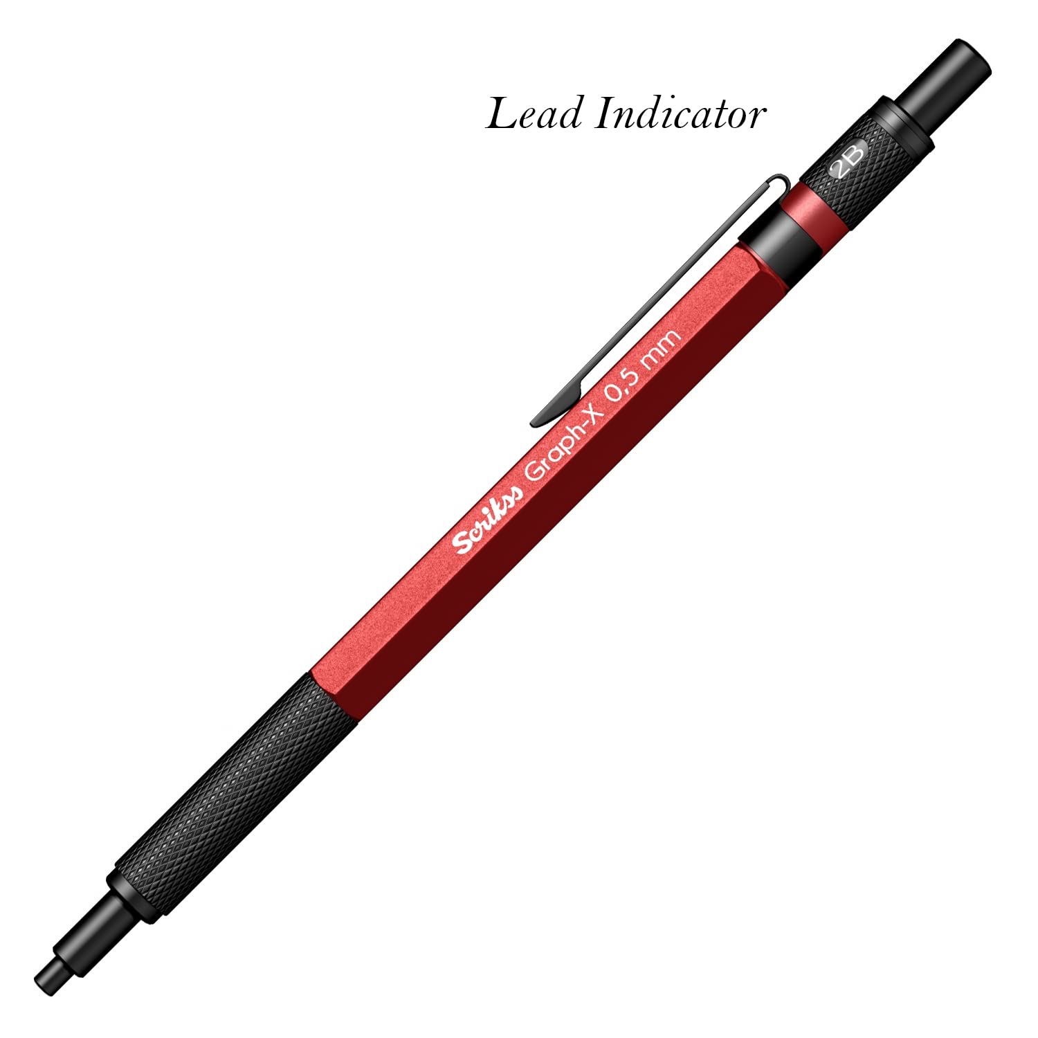 Scrikss Graph-X 0.5mm Mechanical Pencil with HB Lead (1 Tube of 24 Leads), Brass Body with Metallic Red Finish, Interchangeable Mini Eraser - 86169