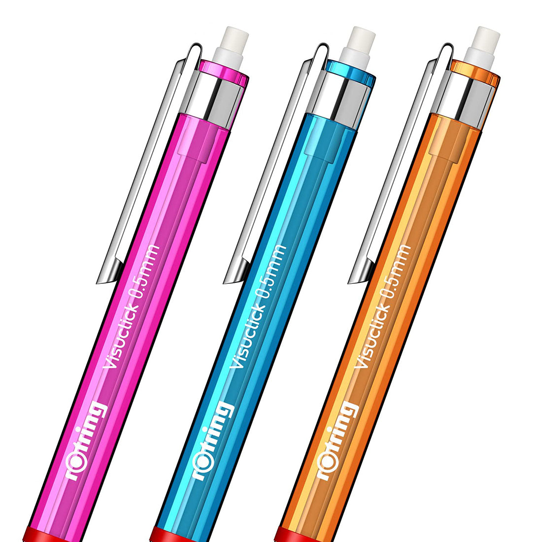 Rotring Visuclick 0.5mm Mechanical Pencils, 2B Lead, Pink, Blue & Orange Translucent Barrel, with Attached Eraser - Total 3 Pieces