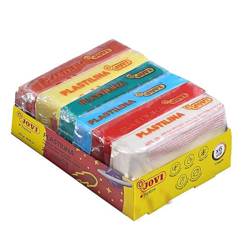 Jovi Plastilina Lilac Dark Blue Light Green Yellow Orange Red Non-Drying Non-Toxic Modelling Clay for Art & Craft Pack of 6 Bars 50gms Each Fine Motor Skills Moulding Pottery Sculpting with Dough