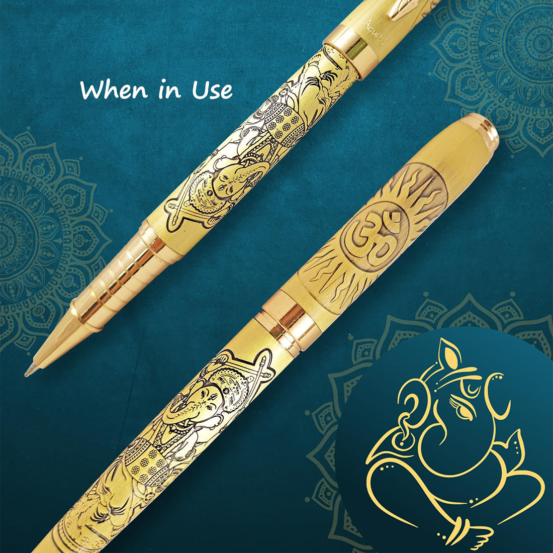 Acuity Roller Ball Point Pen Metal Body with Lord Ganesh And OM Image Engraved - Comes in a Pen Pouch - Ink Colour Blue - 20005