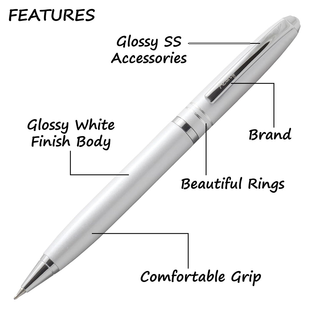 Acuity Ball Point Pen - Metal Body with Shiny White Finish and SS Accessories - It Comes in a Pouch - 10024 White