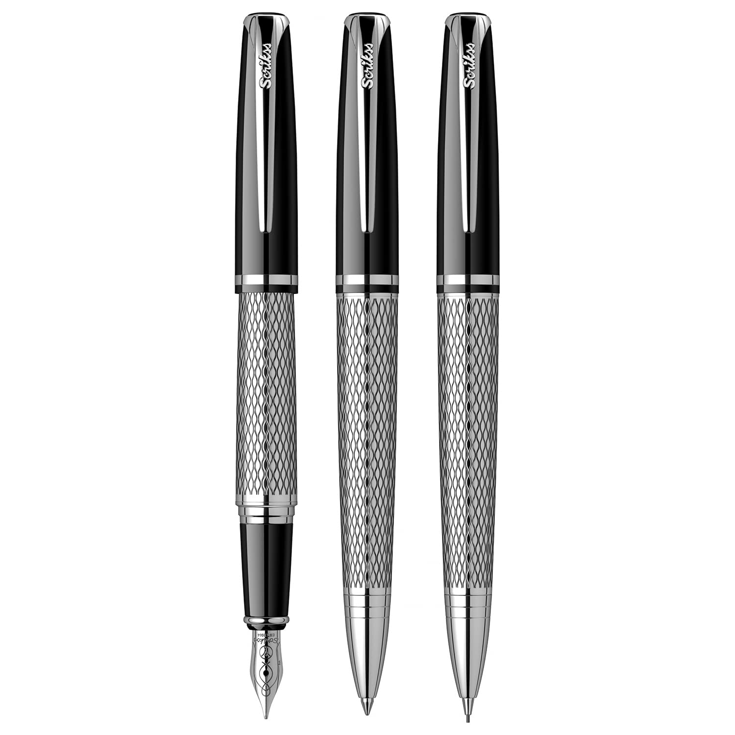 Scrikss | Pera 477 | Medium Nib Fountain Pen+ Ballpoint Pen + 0.7mm Mechanical Pencil Set | Black-CT