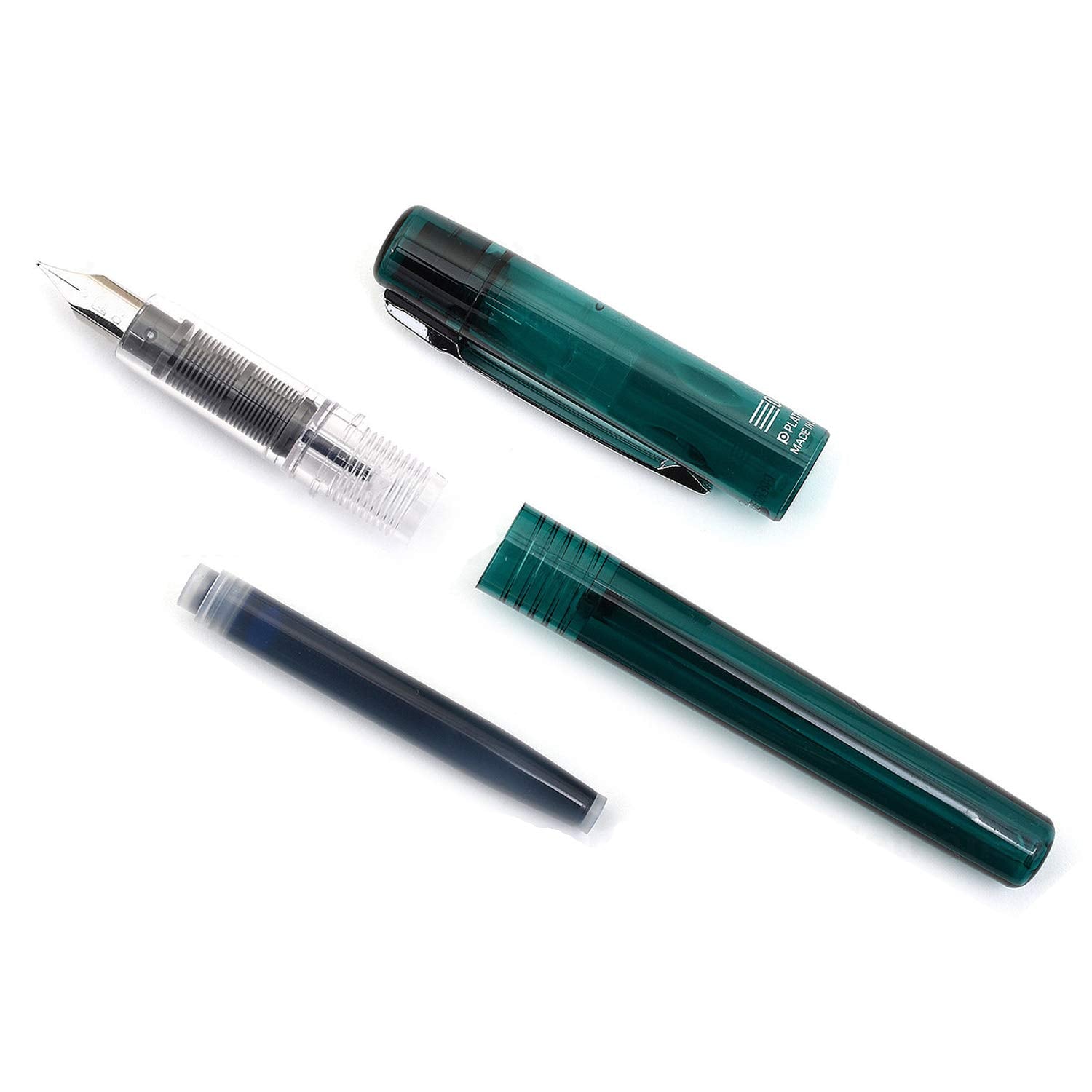 PLATINUM Prefounte Fountain Ink Pen with SS Medium Nib, Translucent Dark Emerald Green Barrel, Cap, Blue-Black Ink Cartridge Included, Slip & Seal Cap Design, Ideal For Adults Daily Use Beginners