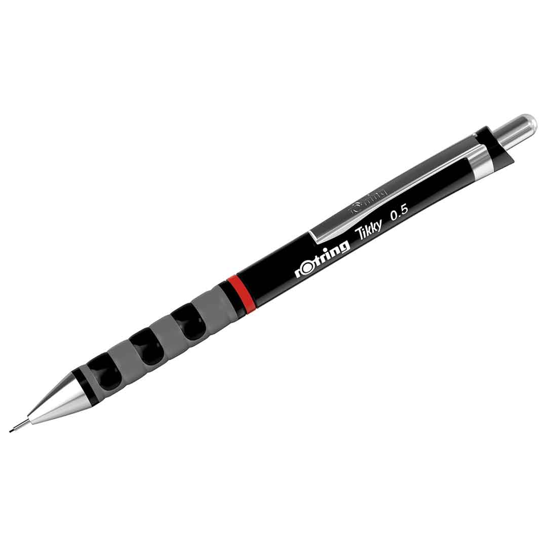 Rotring | Tikky | Mechanical Pencil, Ballpoint, Eraser & Lead Refills Set | HB Lead, 0.5 mm Pencil | Medium Point Pen | Black Barrel | Lightweight with Rubberised Grip