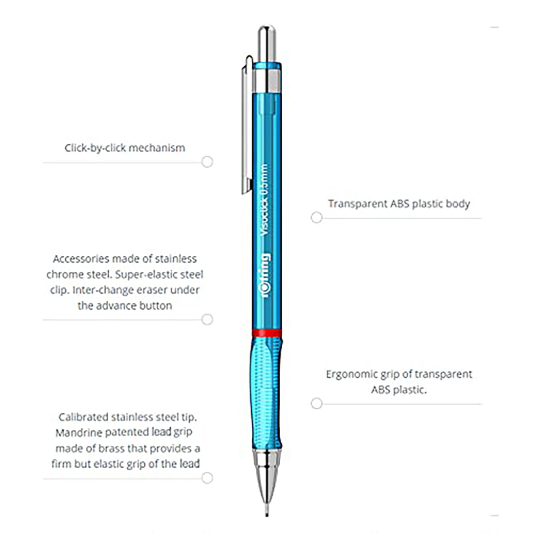 Rotring Visuclick 0.5mm Mechanical Pencils, 2B Lead, Green, Blue & Pink Translucent Barrel, with Attached Eraser - Total 3 Pieces