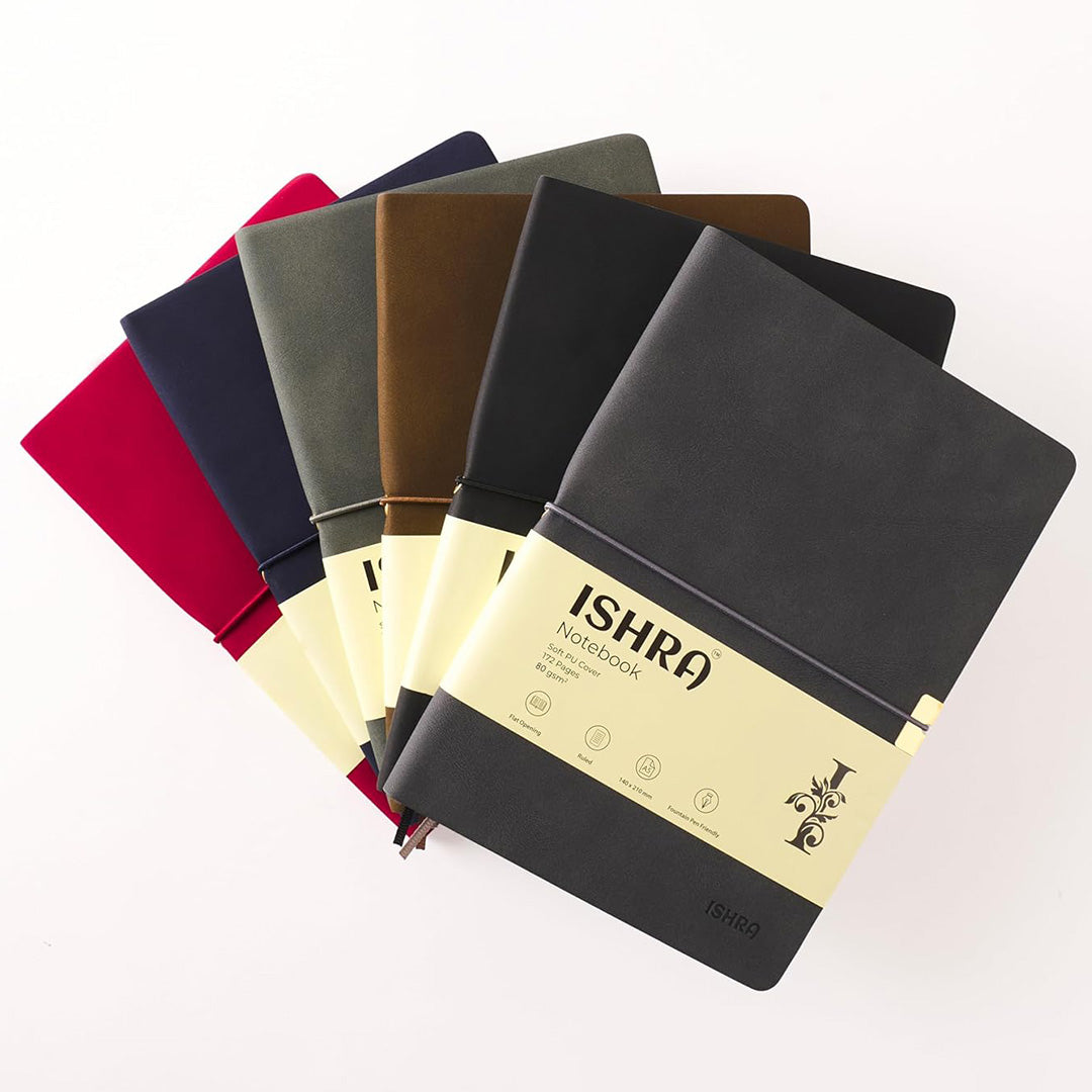 ISHRA A5 Size Ruled Notebook | Ideal Note Book Journal Diary for Work Office Writing Journaling Note Taking Travel | Navy Blue Soft Cover| 172 Pages | 80gsm | Fountain Pen Friendly Paper