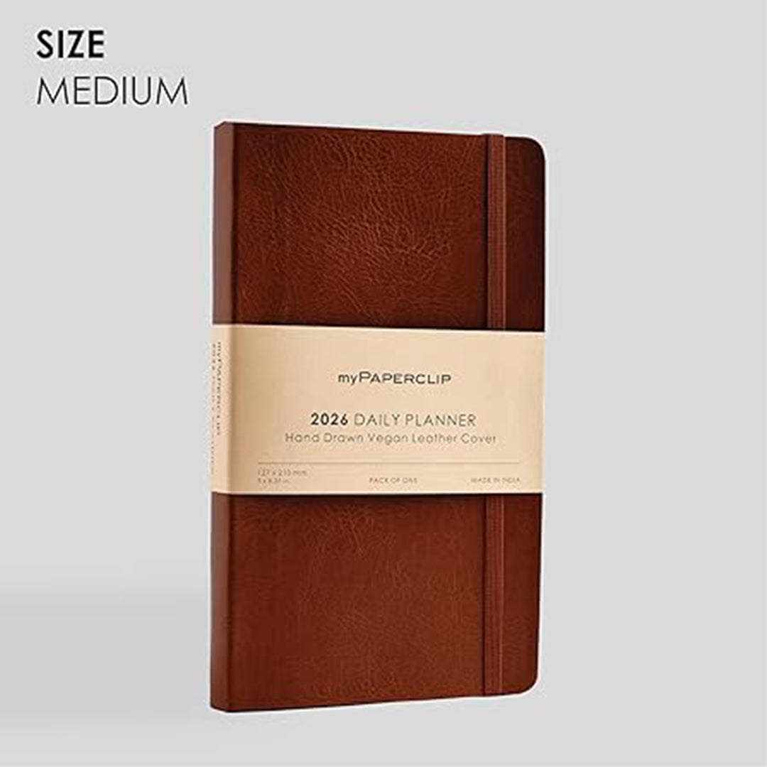 myPAPERCLIP 2026 Daily Planner M2 | Medium Size | L.Brown | Italian Vegan Leather Cover | 384 Pages, 80 GSM | Light Brown