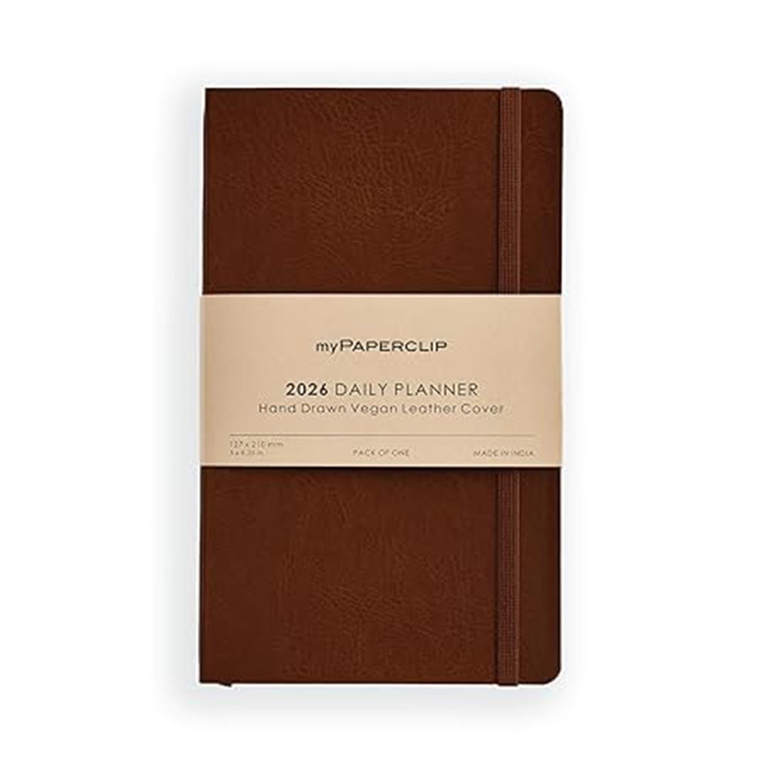 myPAPERCLIP 2026 Daily Planner M2 | Medium Size | L.Brown | Italian Vegan Leather Cover | 384 Pages, 80 GSM | Light Brown