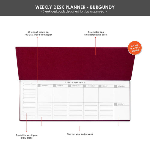 7mm Between the Lines | Undated Weekly Desk Planner | Burgundy | Printed Hardbound Notepad | 60 Leaves