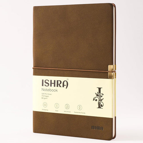 ISHRA A5 Size Ruled Notebook | Ideal Note Book Journal Diary for Work Office Writing Journaling Note Taking Travel | Brown Soft Cover| 172 Pages | 80gsm | Fountain Pen Friendly Paper