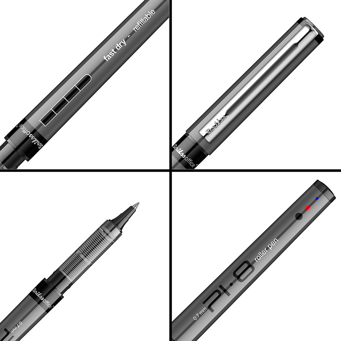 Scrikss PI-8 Roller Pen 0.7mm - Fast Drying Ink, Chrome Plated Tip, Ink Level Indicator - Set of 3 (Black, Blue & Red)