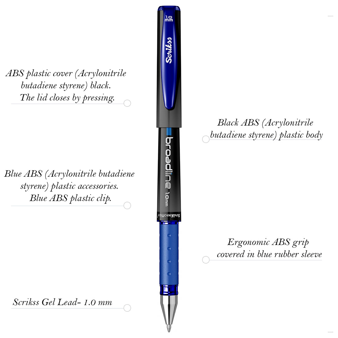 Scrikss Office Broadline 1.0mm Gel Pen - Fast Dry Gel Ink, Smooth Writing, ABS Plastic Body - Set of 6 Pens (Blue)