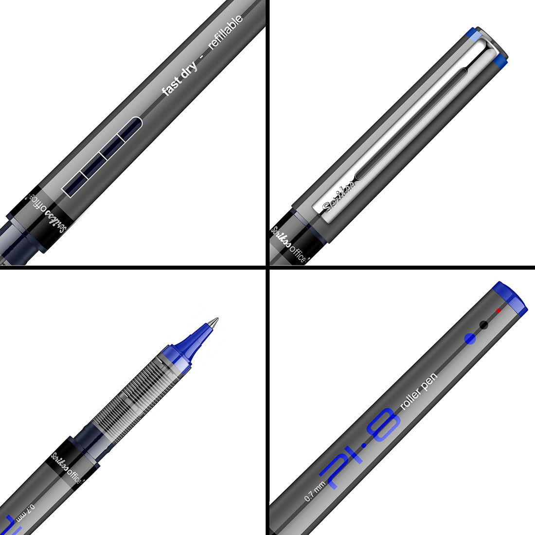 Scrikss PI-8 Roller Pen 0.7mm - Fast Drying Ink, Chrome Plated Tip, Ink Level Indicator - Set of 3 (Black, Blue & Red)