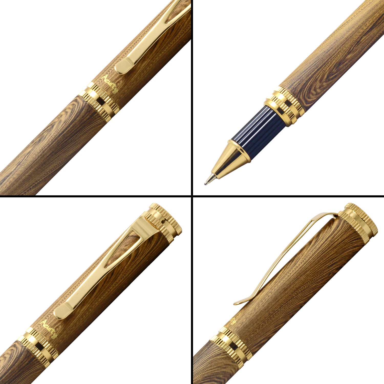 Acuity Wooden Look Roller Ball Point Pen - Smooth Metal Body & Gold Accessories - It Comes in a Pouch - 30009 Light Brown