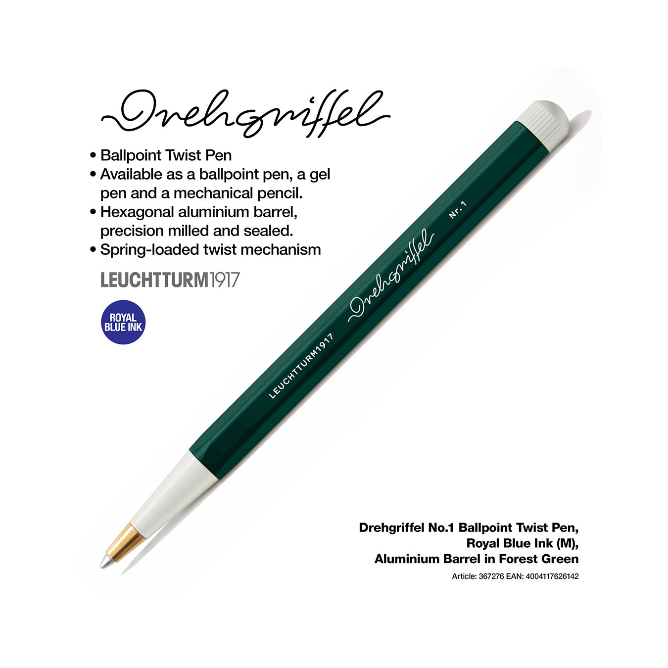 LEUCHTTURM1917 Ball Point Pen with Royal Blue Ink | Drehgriffel No. 1 | Forest Green | Twist Mechanism