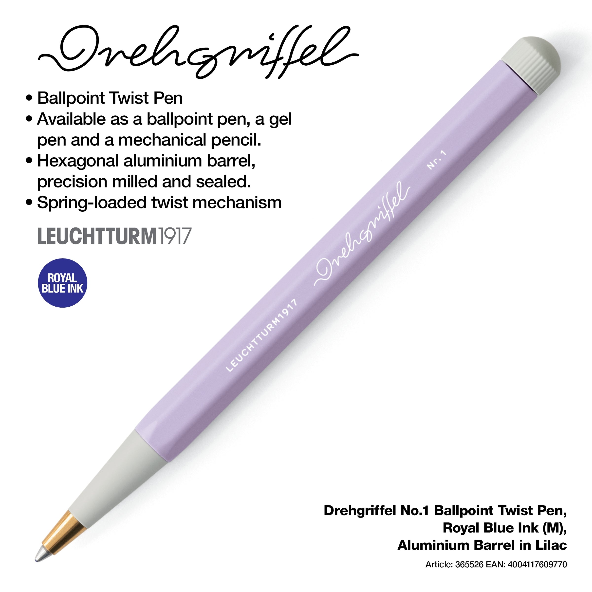 LEUCHTTURM1917 Ball Point Pen with Royal Blue Ink | Drehgriffel No. 1 | Lilac | Twist Mechanism