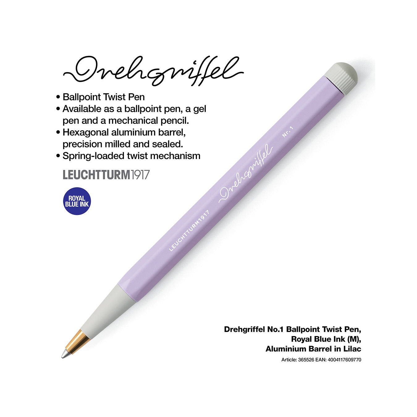 LEUCHTTURM1917 Ball Point Pen with Royal Blue Ink | Drehgriffel No. 1 | Lilac | Twist Mechanism