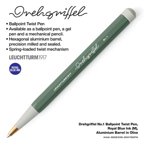 LEUCHTTURM1917 Ball Point Pen with Royal Blue Ink | Drehgriffel No. 1 | Olive Green | Twist Mechanism