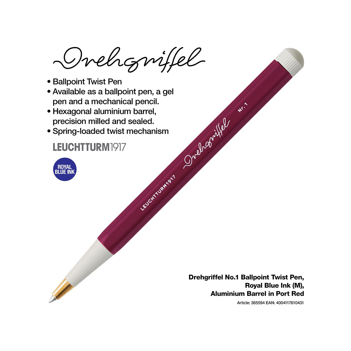 LEUCHTTURM1917 Ball Point Pen with Royal Blue Ink | Drehgriffel No. 1 | Port Red | Twist Mechanism