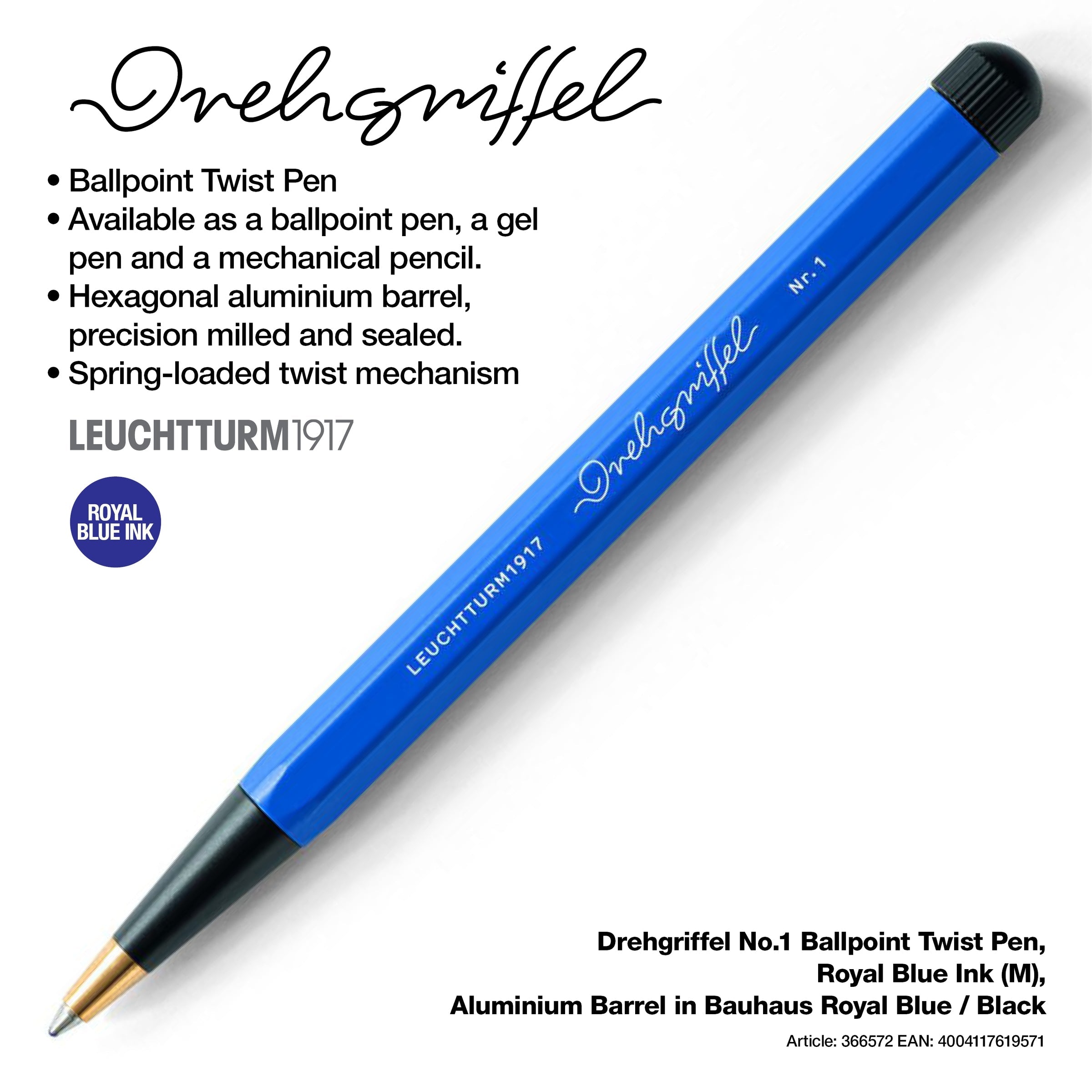 LEUCHTTURM1917 Ball Point Pen with Royal Blue Ink | Bauhaus Edition | Drehgriffel No. 1 | Royal Blue/Black | Twist Mechanism